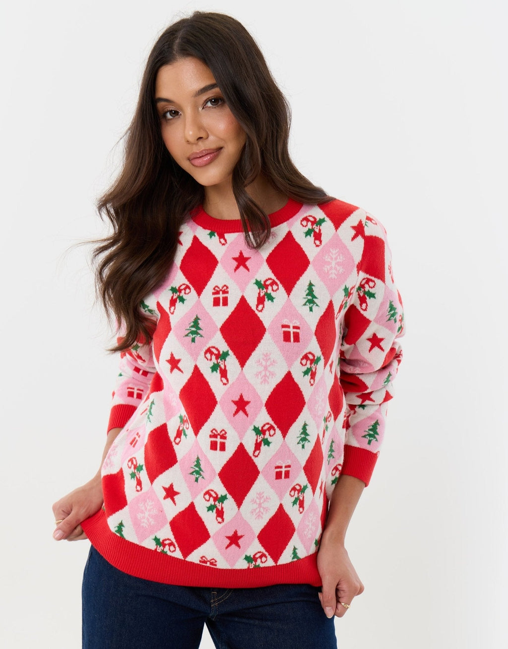 Women's Argyle Christmas Sweater Crew Neck in Pink