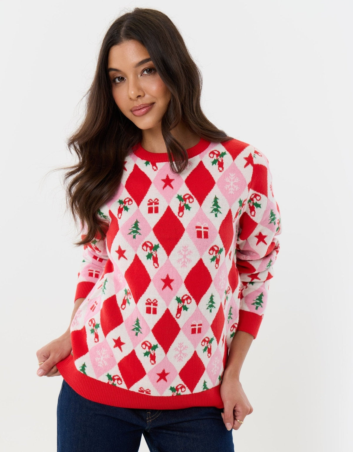 Women's Argyle Christmas Sweater Crew Neck in Pink