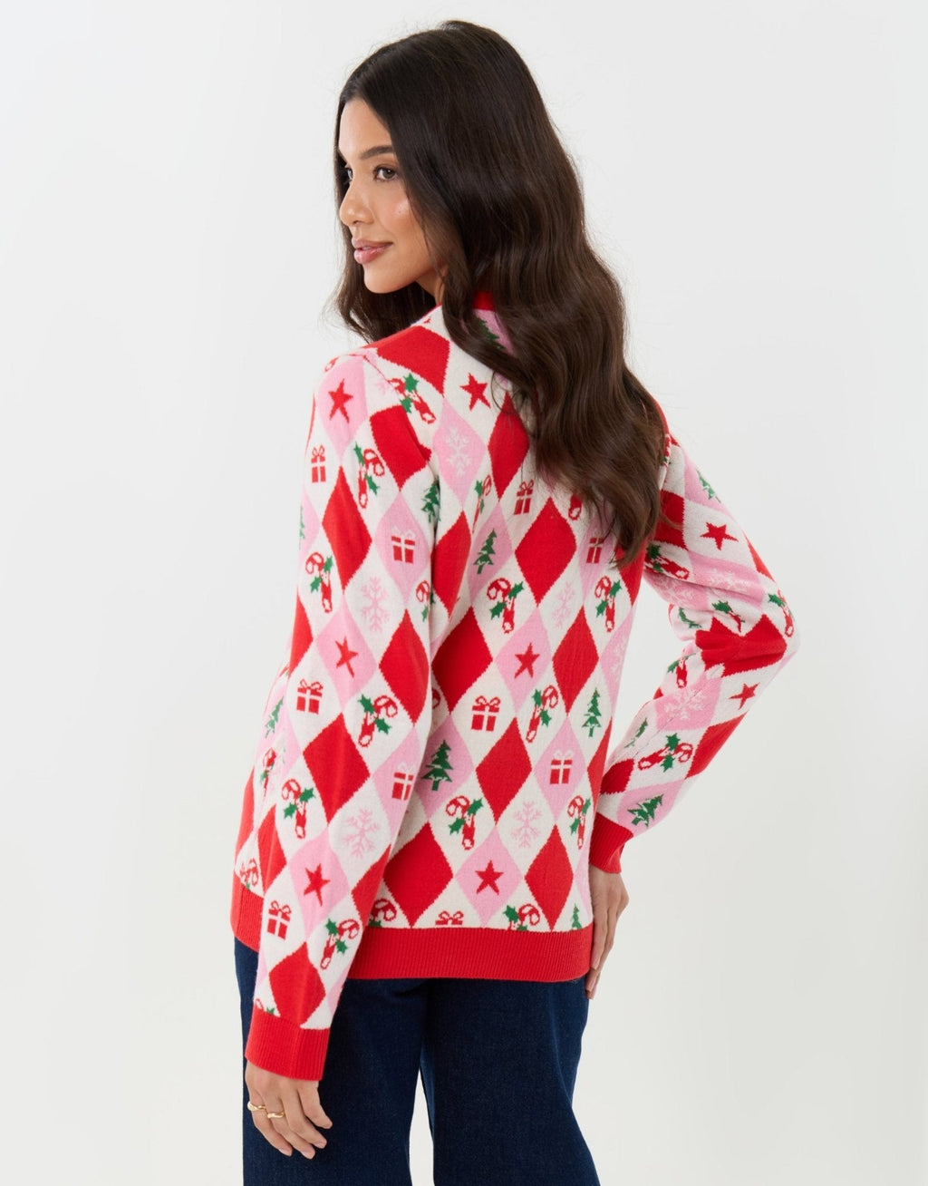 Women's Argyle Christmas Sweater Crew Neck in Pink
