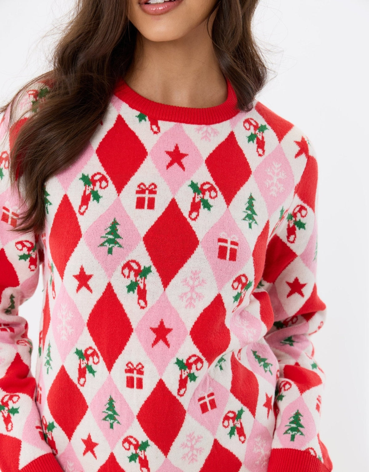 Women's Argyle Christmas Sweater Crew Neck in Pink