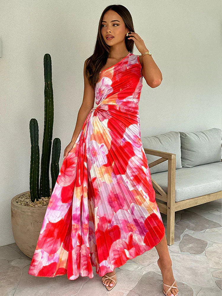 Women's Asymmetric Pleated Maxi Dress