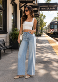 Women's Baggy Drawstring Jeans with Side Stripe in Light Blue