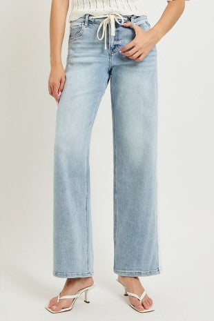 Women's Baggy Drawstring Jeans with Side Stripe in Light Blue