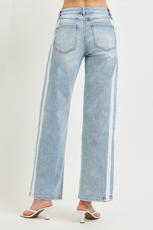 Women's Baggy Drawstring Jeans with Side Stripe in Light Blue