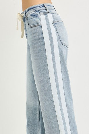 Women's Baggy Drawstring Jeans with Side Stripe in Light Blue