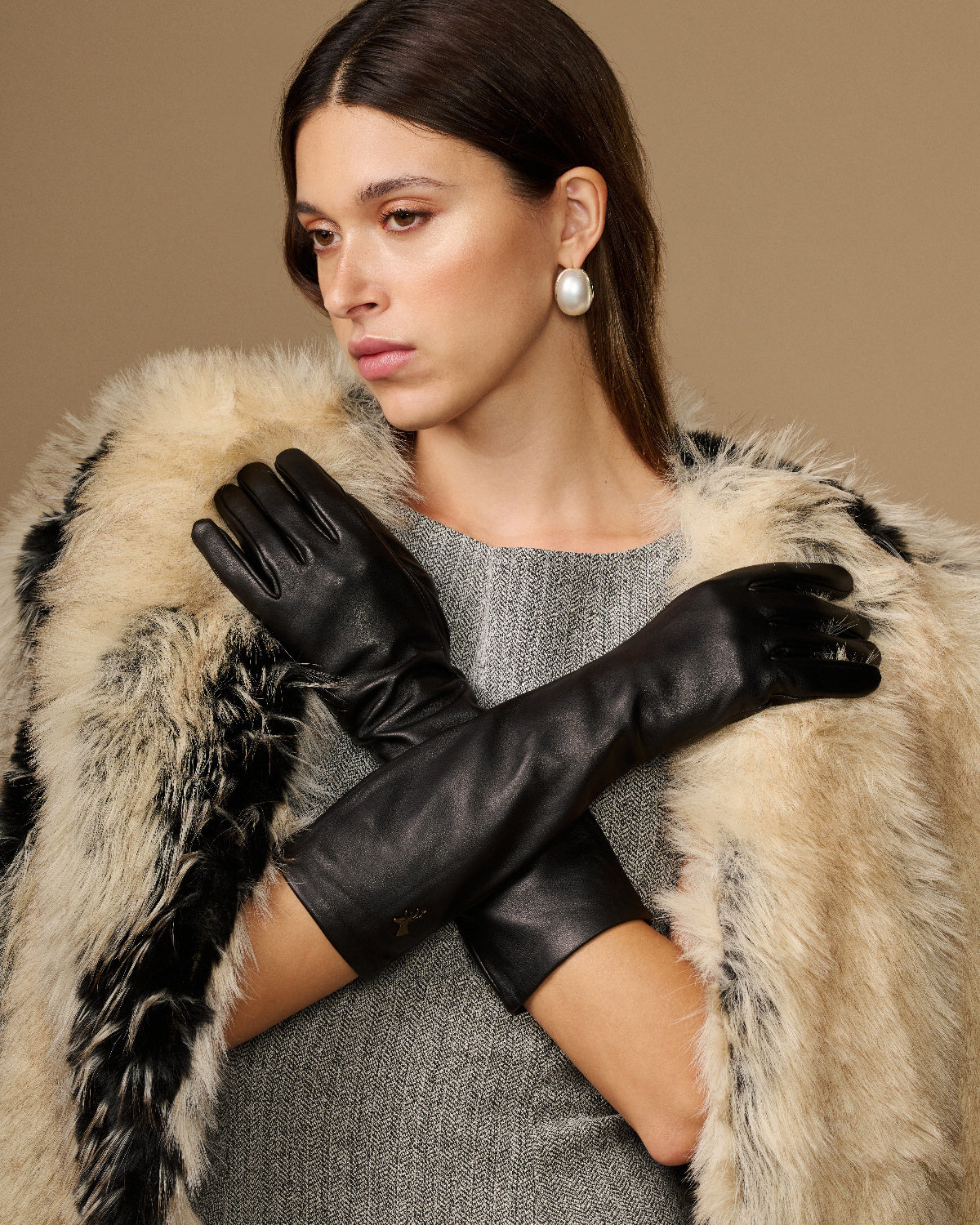 Women's Below Elbow Long Faux Leather Touchscreen Gloves