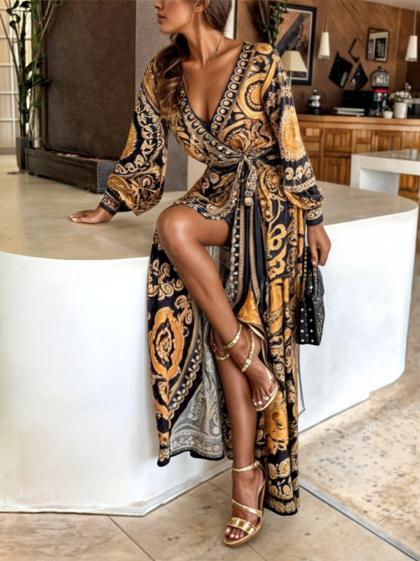 Women's Bohemian Maxi Dress with High Slit
