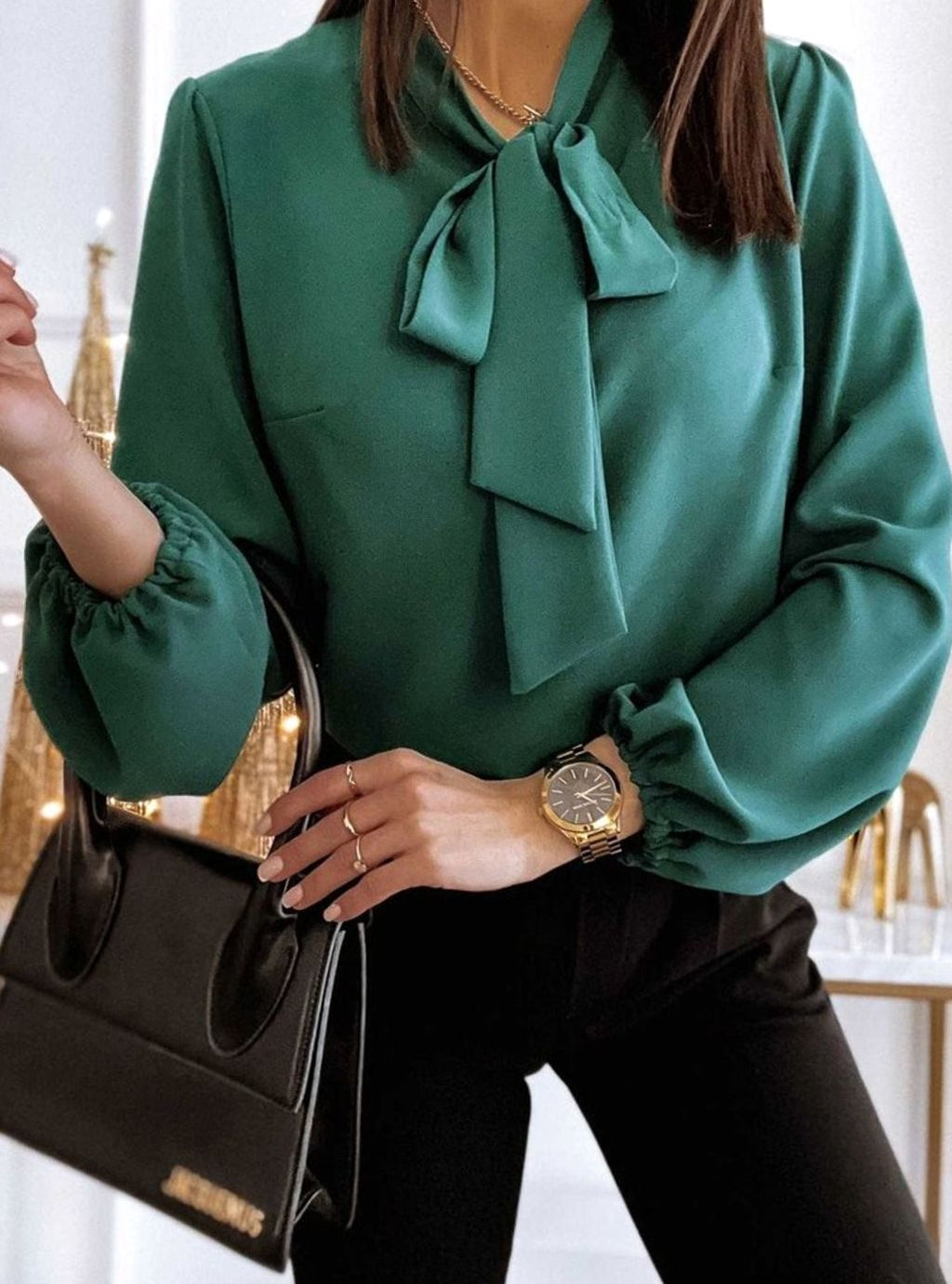 Women's Tie Bow Neck Puff Sleeve Blouse
