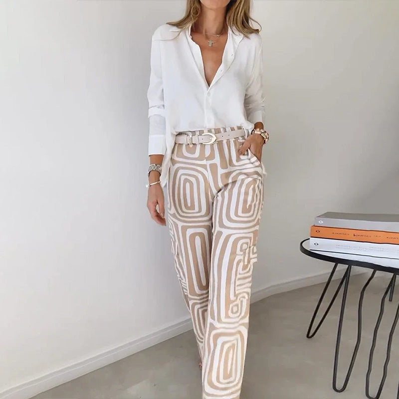 Women's Button-Front Blouse and Geometric Print Wide Leg Pants Set