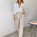 Women's Button-Front Blouse and Geometric Print Wide Leg Pants Set