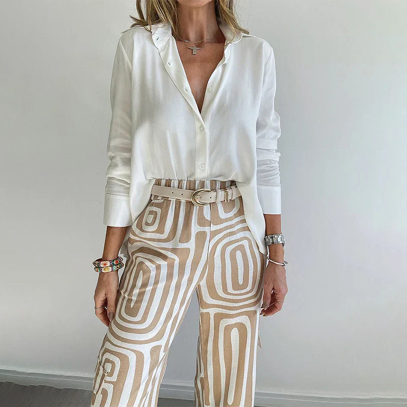 Women's Button-Front Blouse and Geometric Print Wide Leg Pants Set