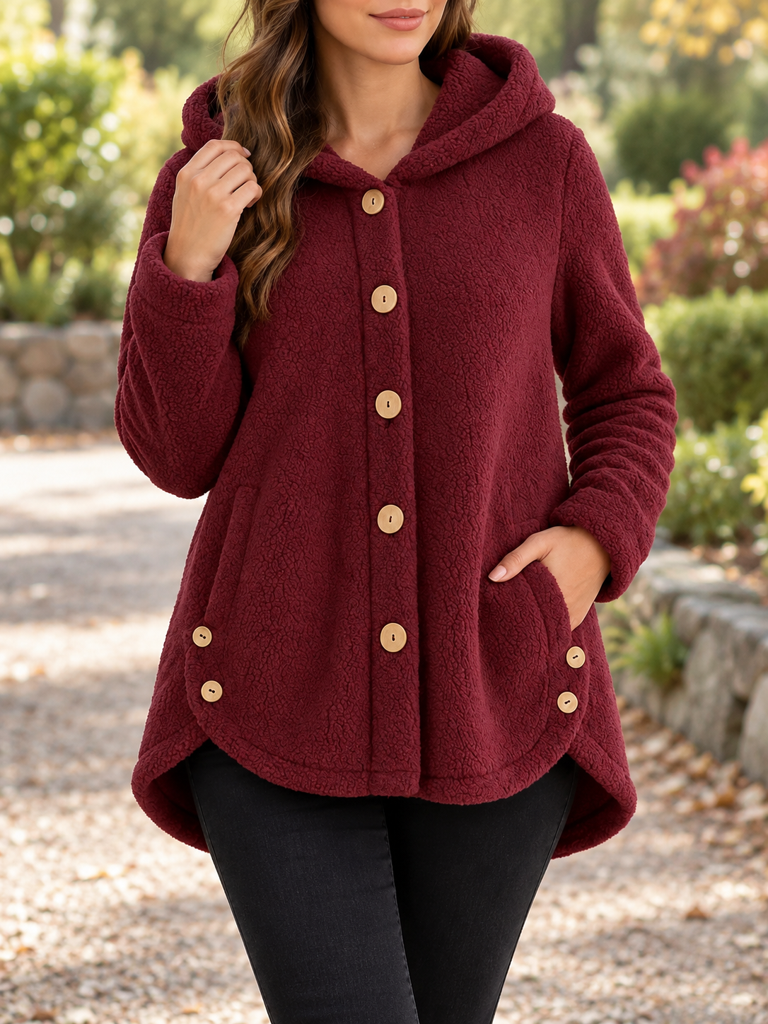 Women's Button-Front Fleece Hoodie with Side Pockets