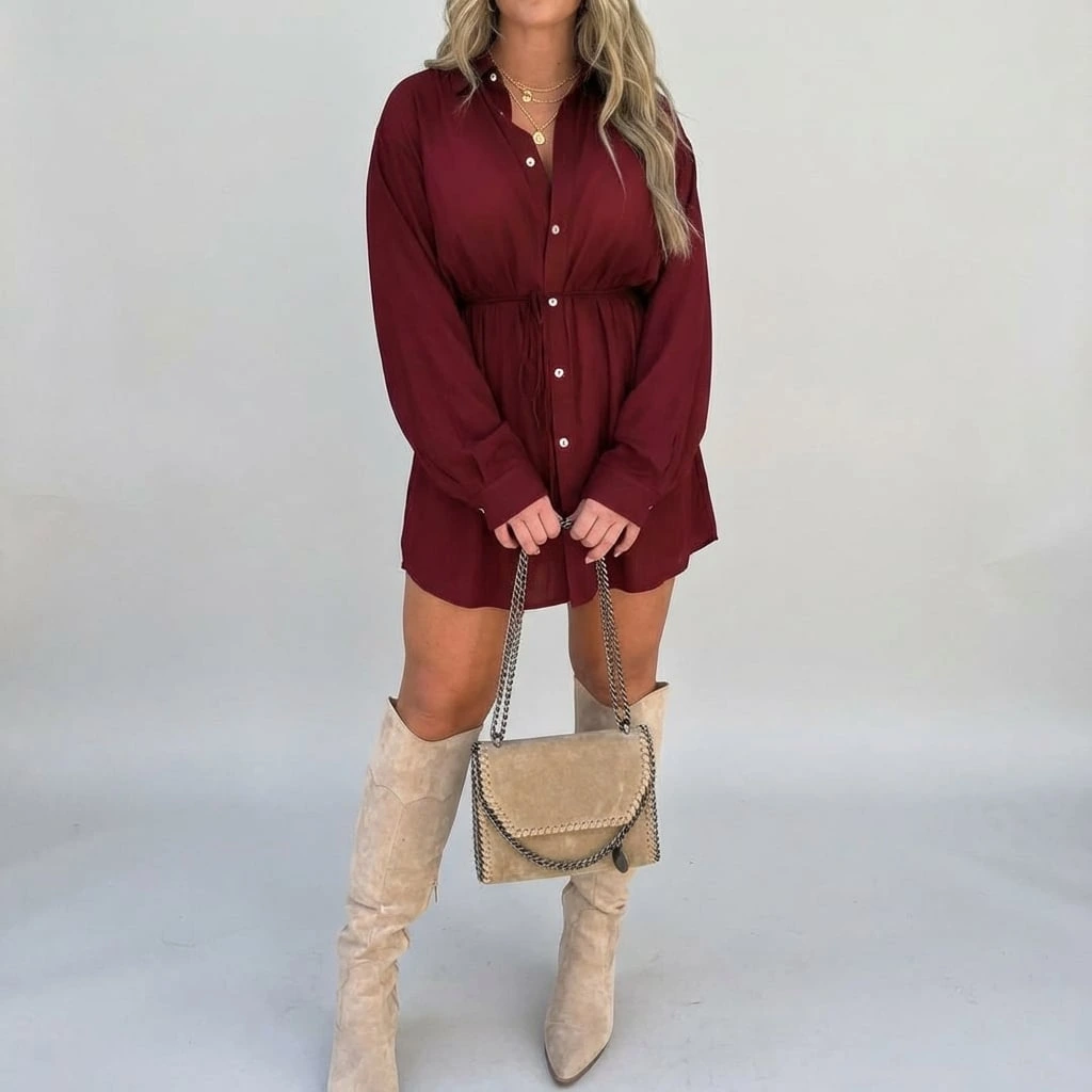 Women's Button-Front Long-Sleeve Shirt Dress