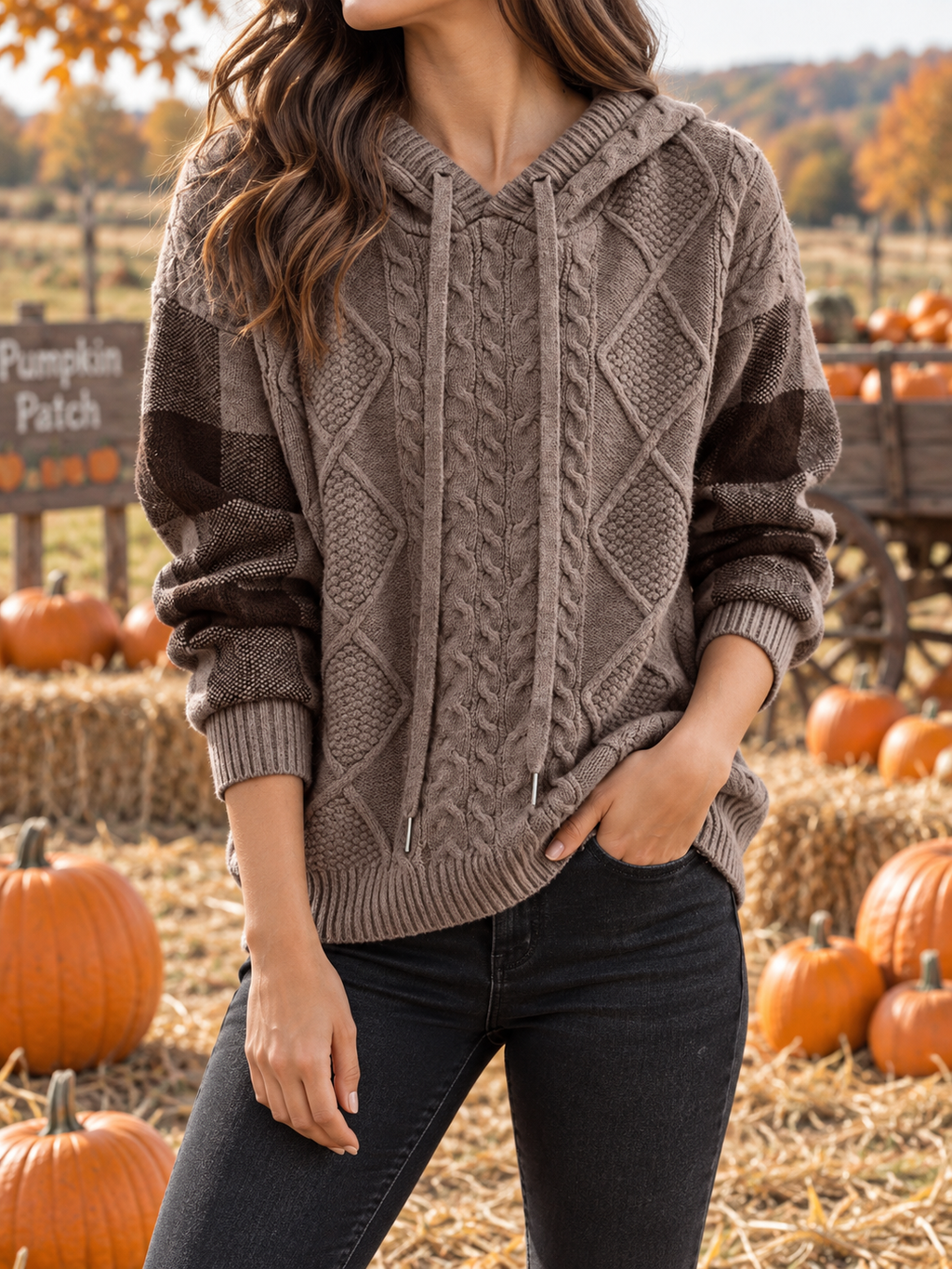 Women's Cable Knit Hooded Jumper with Colorblock Sleeves