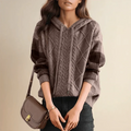 Women's Cable Knit Hooded Jumper with Colorblock Sleeves