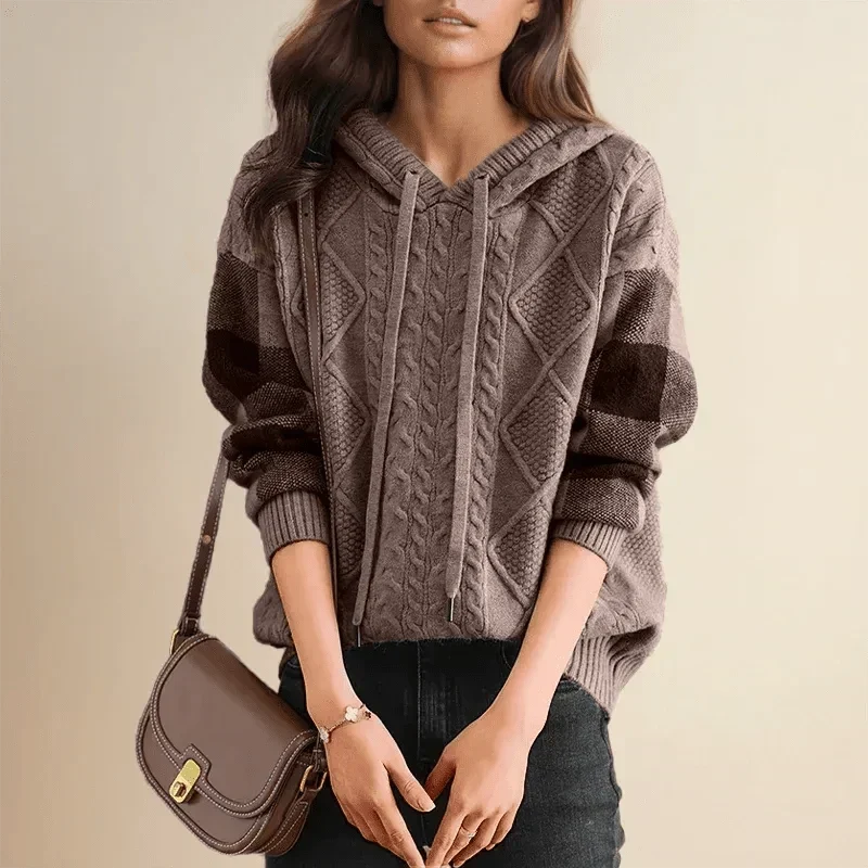 Women's Cable Knit Hooded Jumper with Colorblock Sleeves