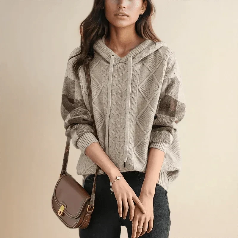 Women's Cable Knit Hooded Jumper with Colorblock Sleeves