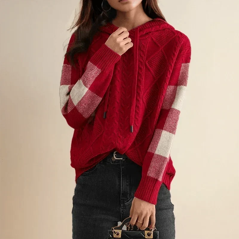 Women's Cable Knit Hooded Jumper with Colorblock Sleeves