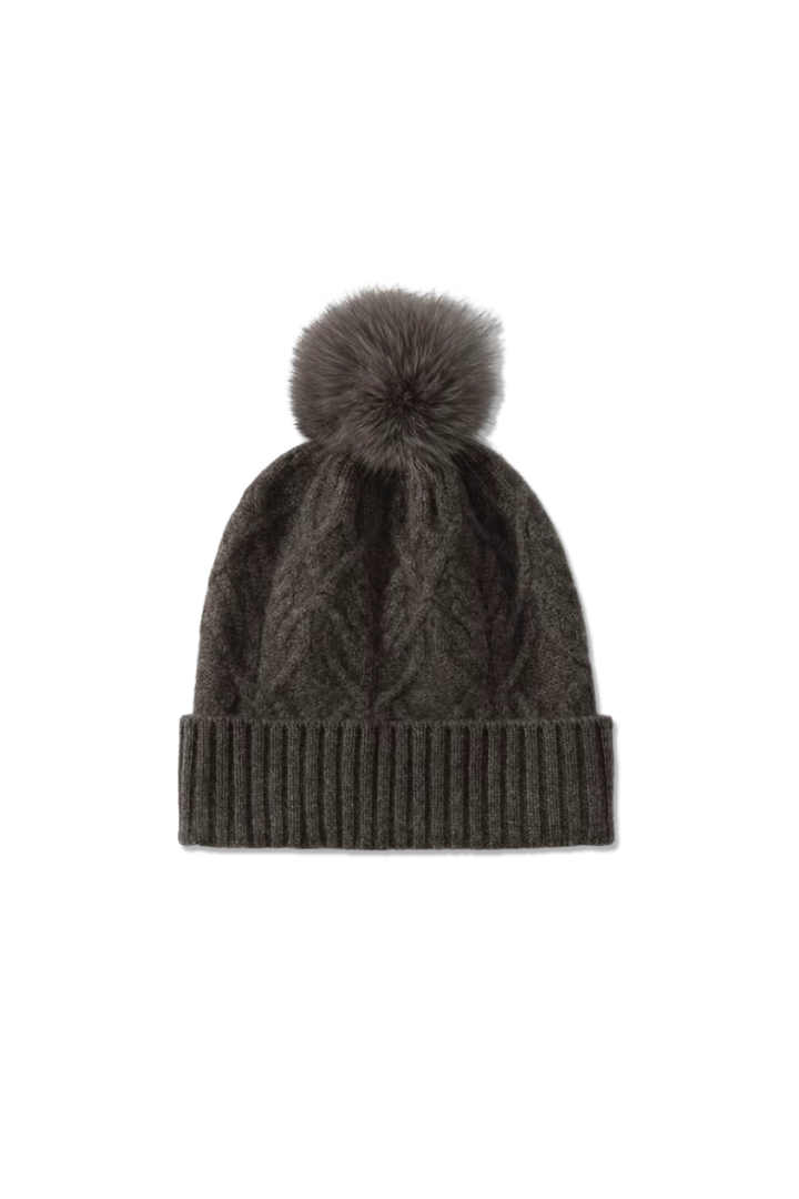 Women's Cable Knit Beanie with Faux Fur Pom