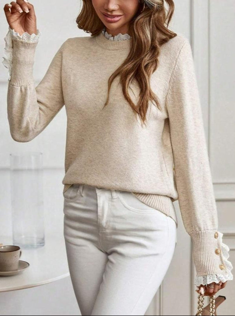 Women's Cable Knit Sweater with Lace-Trim Cuffs