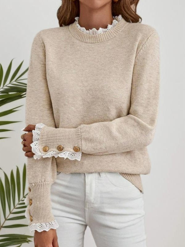 Women's Cable Knit Sweater with Lace-Trim Cuffs