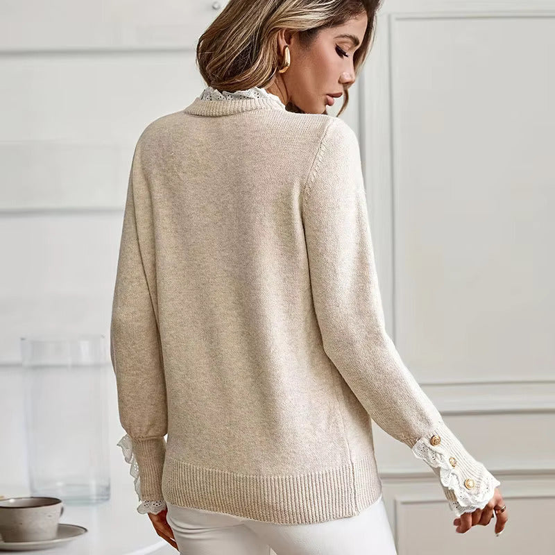 Women's Cable Knit Sweater with Lace-Trim Cuffs