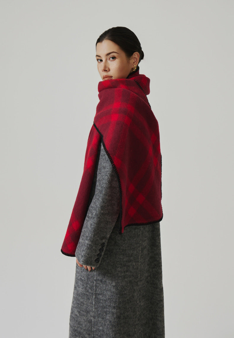 Women's Reversible Check Blanket Stitch Cashmere-Feel Scarf