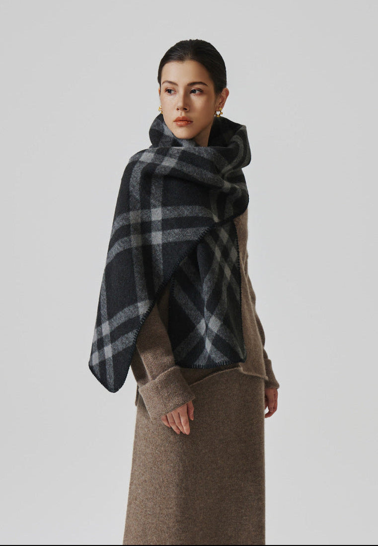 Women's Reversible Check Blanket Stitch Cashmere-Feel Scarf
