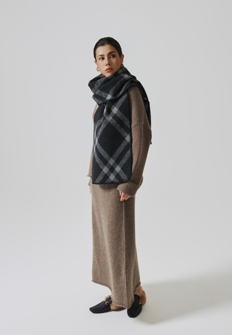 Women's Reversible Check Blanket Stitch Cashmere-Feel Scarf