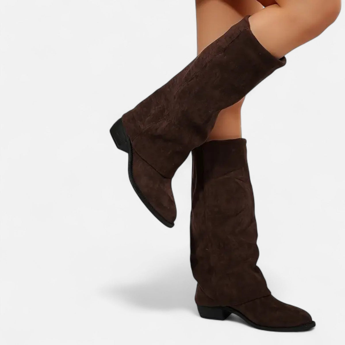 Women's Fold-Over Slouch Faux Suede Knee-High Boots with Chunky Heel