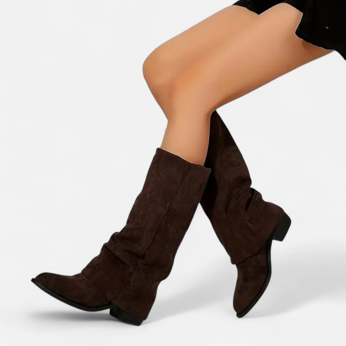 Women's Fold-Over Slouch Faux Suede Knee-High Boots with Chunky Heel
