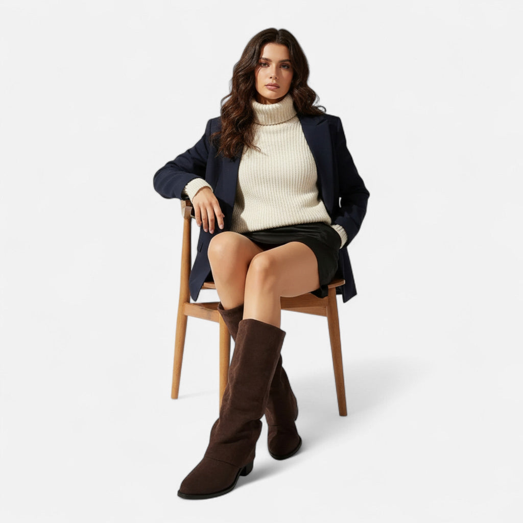 Women's Fold-Over Slouch Faux Suede Knee-High Boots with Chunky Heel