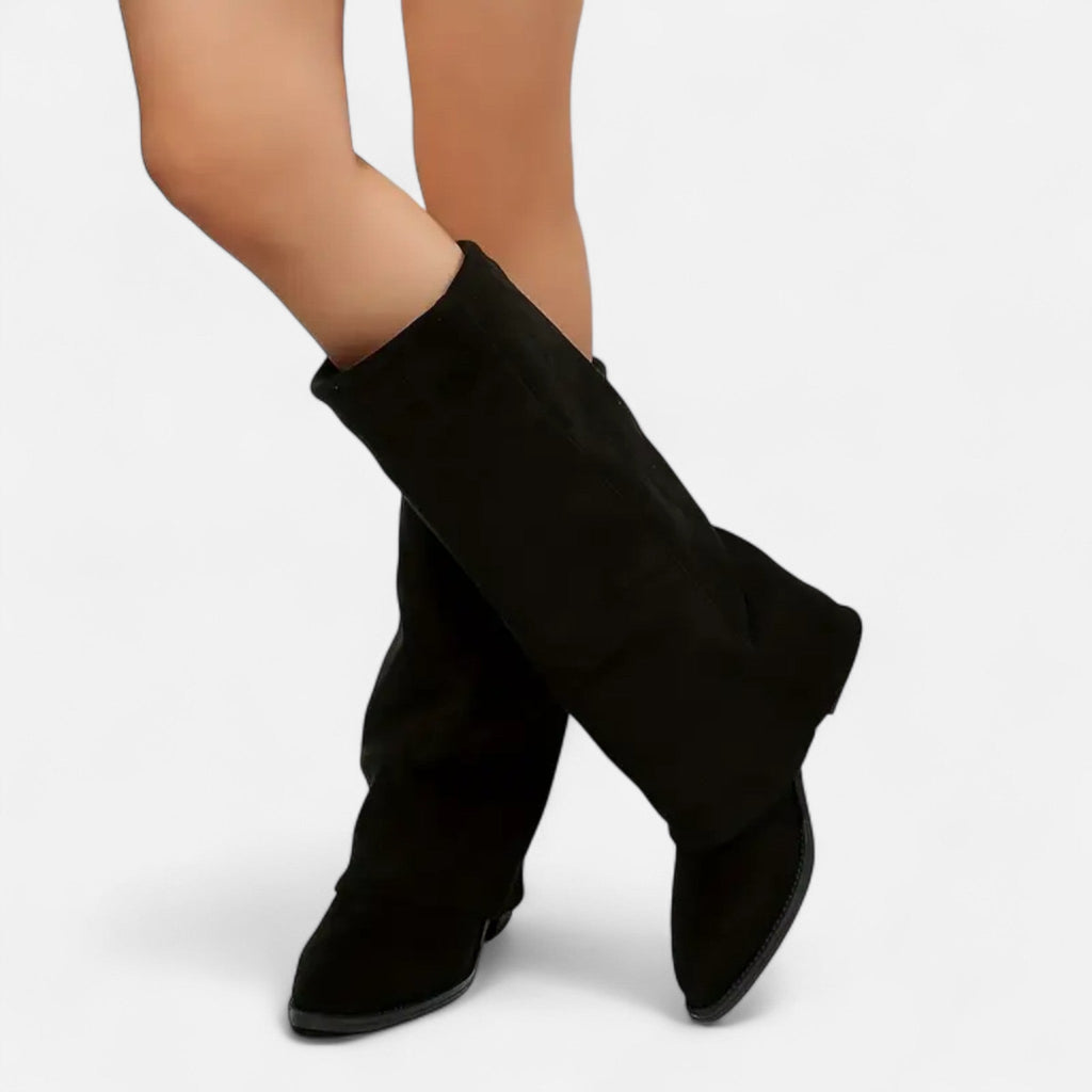 Women's Fold-Over Slouch Faux Suede Knee-High Boots with Chunky Heel