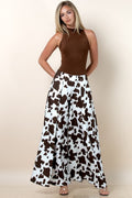 Women's Cow Print Wide Leg Palazzo Pants in Brown