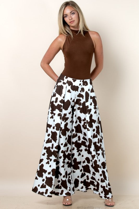 Women's Cow Print Wide Leg Palazzo Pants in Brown