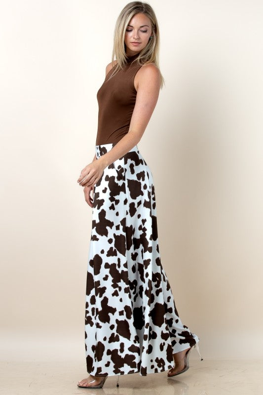 Women's Cow Print Wide Leg Palazzo Pants in Brown