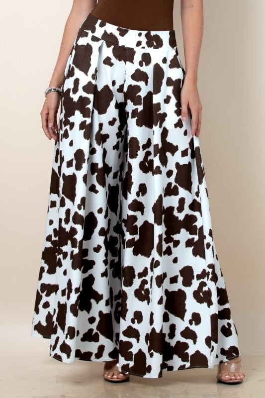 Women's Cow Print Wide Leg Palazzo Pants in Brown