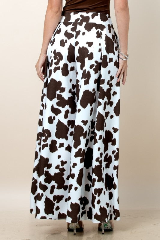 Women's Cow Print Wide Leg Palazzo Pants in Brown