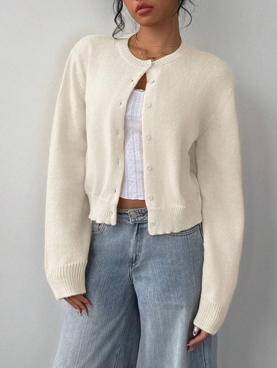 Women's Cropped Button-Front Ribbed Knit Cardigan
