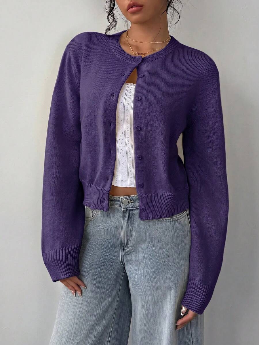 Women's Cropped Button-Front Ribbed Knit Cardigan
