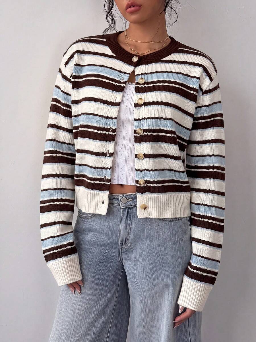 Women's Cropped Button-Front Ribbed Knit Cardigan