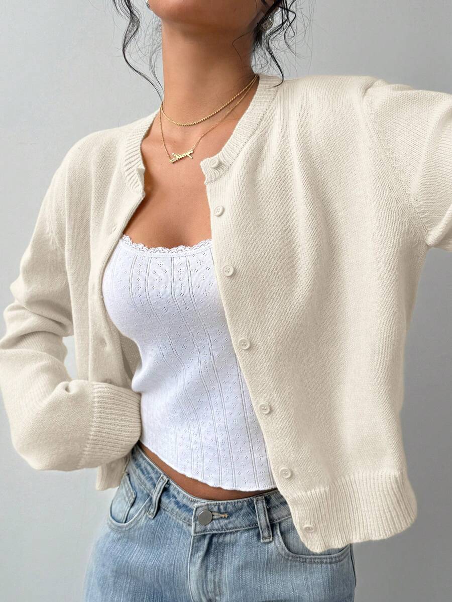 Women's Cropped Button-Front Ribbed Knit Cardigan