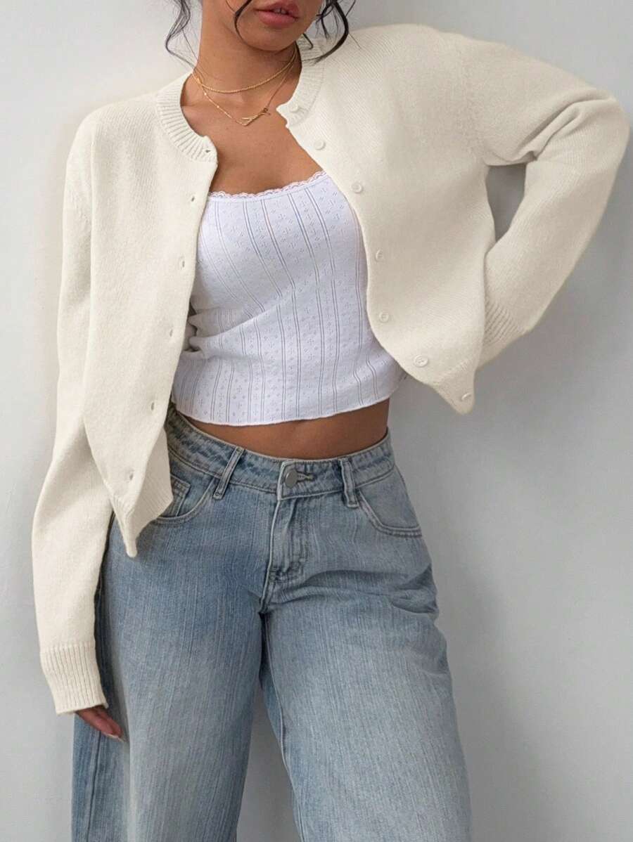 Women's Cropped Button-Front Ribbed Knit Cardigan