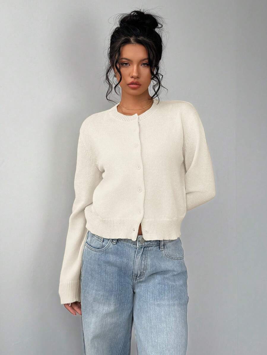 Women's Cropped Button-Front Ribbed Knit Cardigan