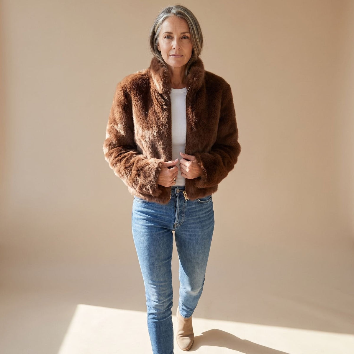 Women's Cropped Faux Fur Jacket with Stand Collar