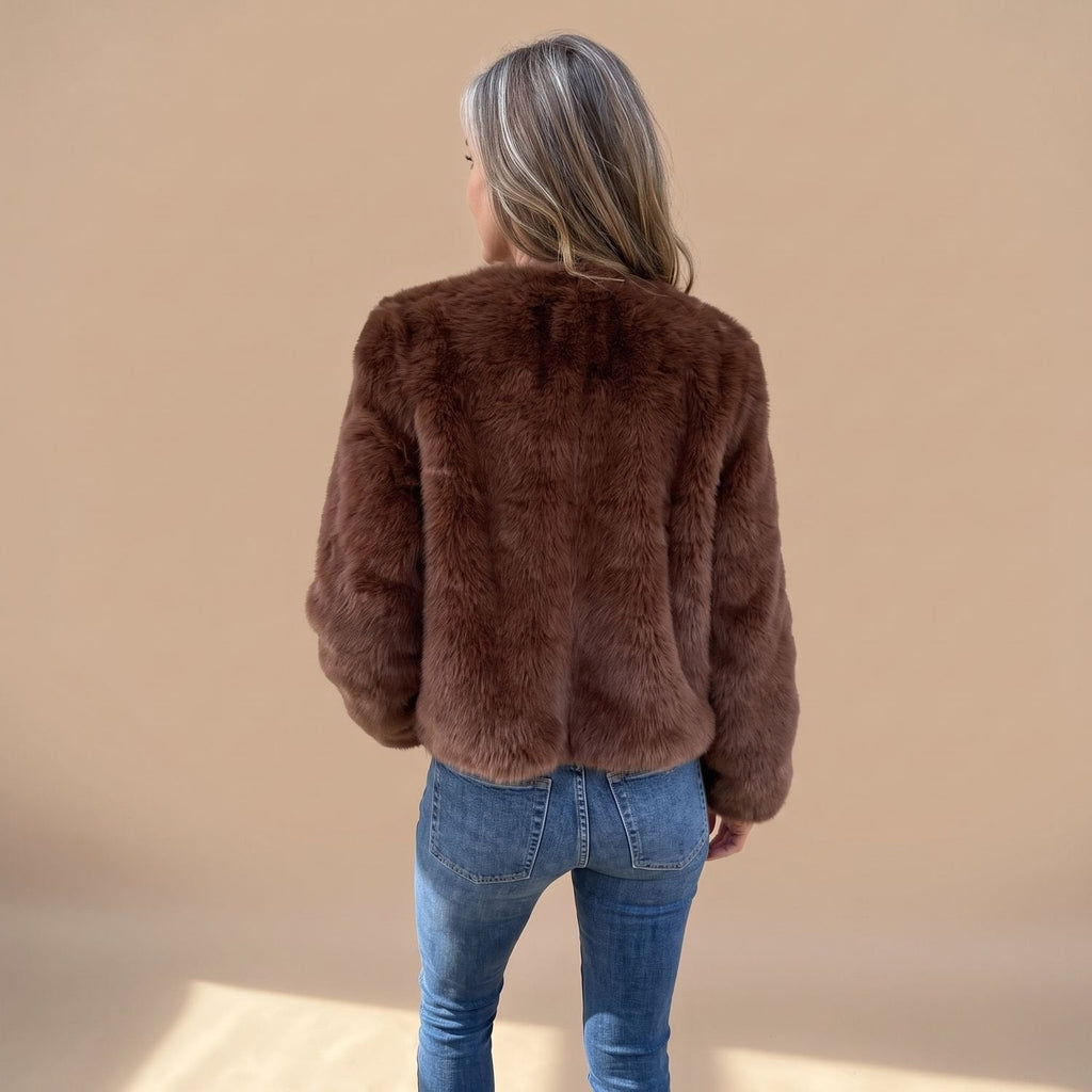 Women's Cropped Faux Fur Jacket with Stand Collar