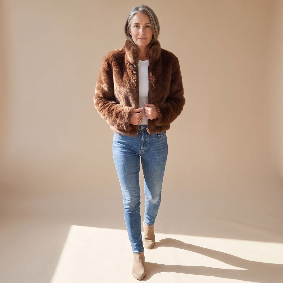 Women's Cropped Faux Fur Jacket with Stand Collar