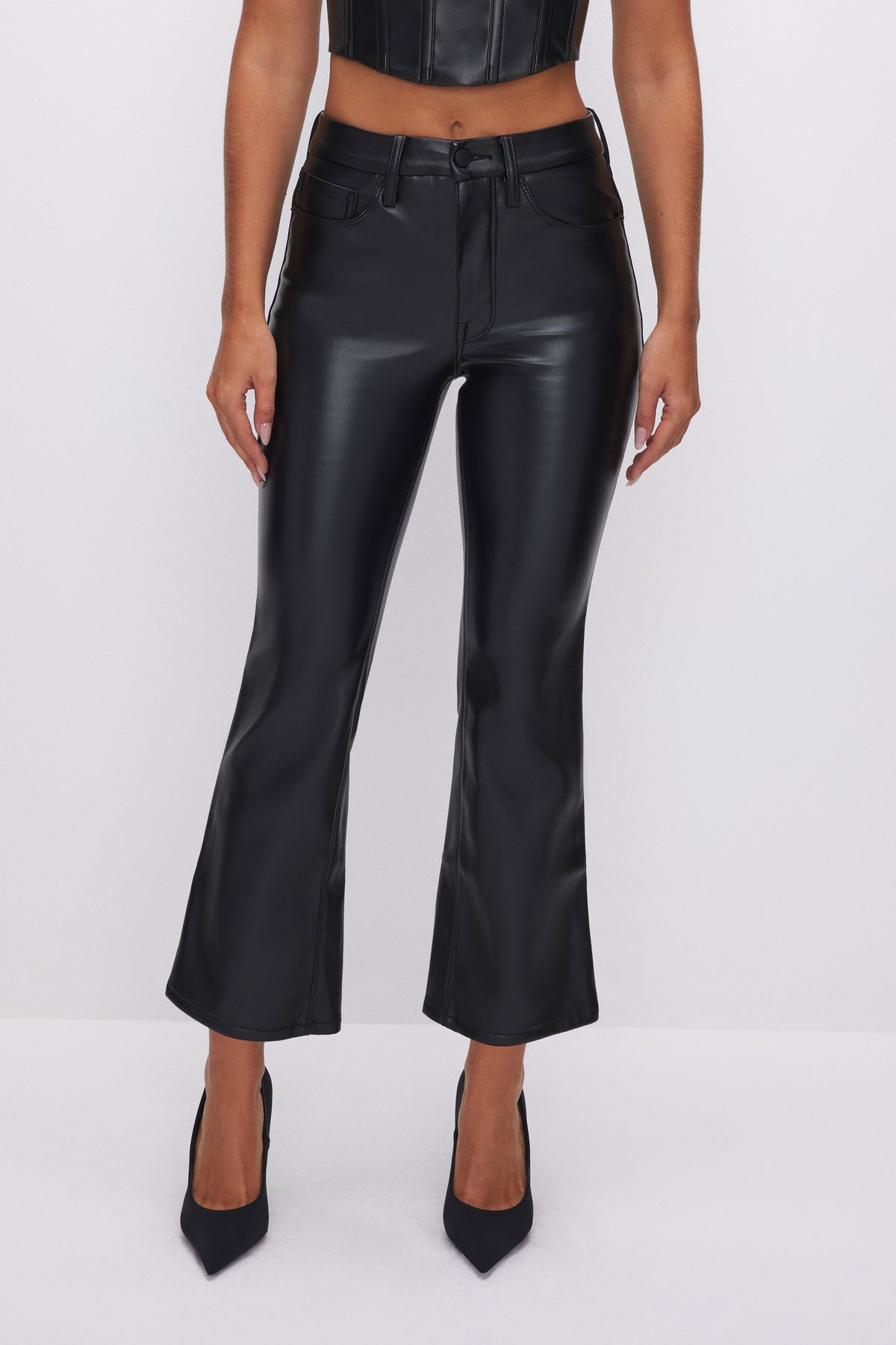 Women's High-Rise Cropped Faux Leather Bootcut Pants in Black