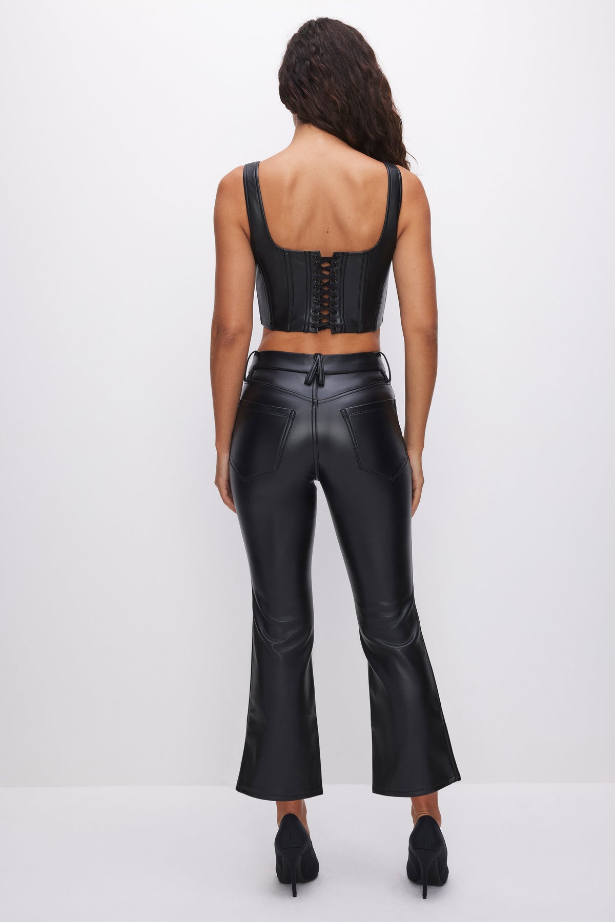 Women's High-Rise Cropped Faux Leather Bootcut Pants in Black