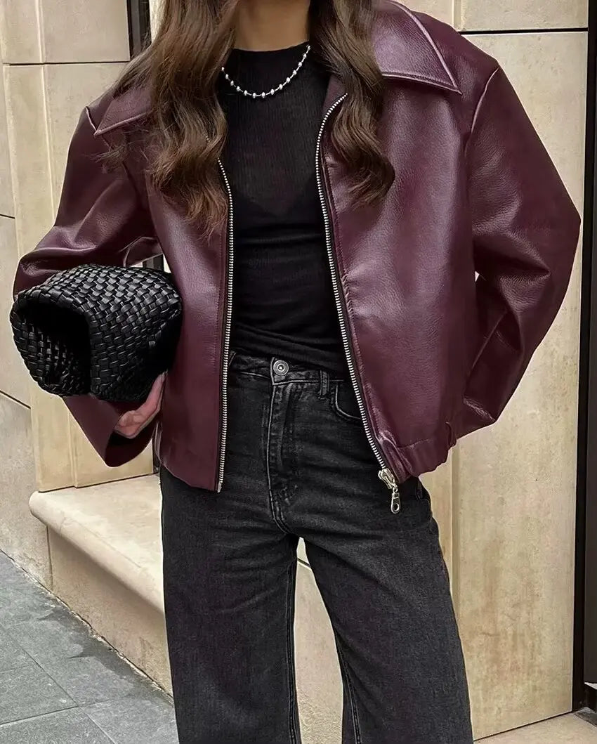 Women's Cropped Faux Leather Zip Jacket in Burgundy